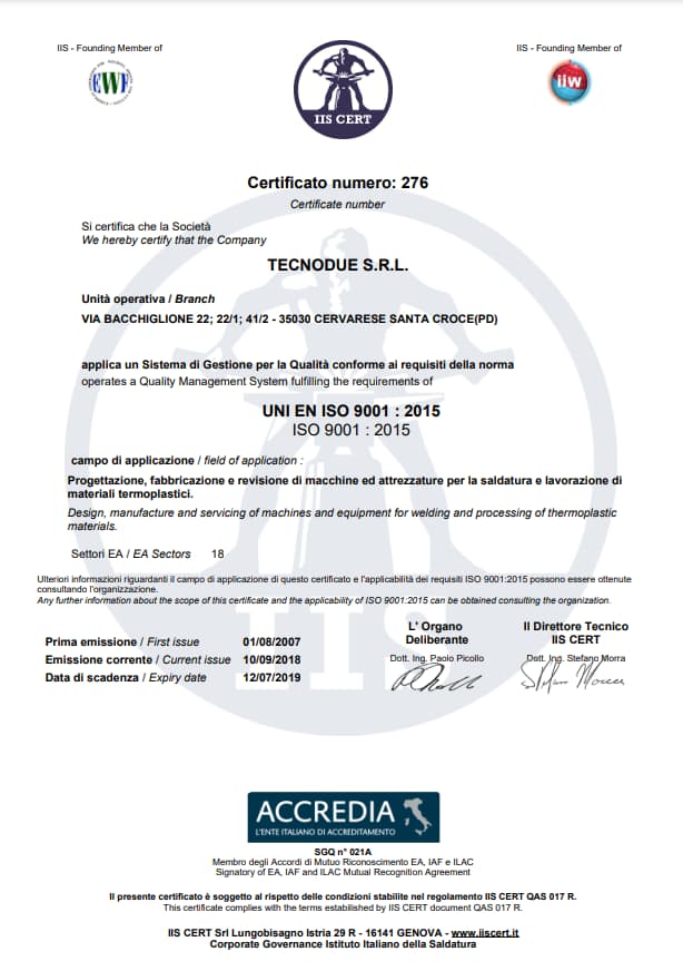 ISO 9001:2015 на продукты TECNODUE S.R.L. 12.07.2019 